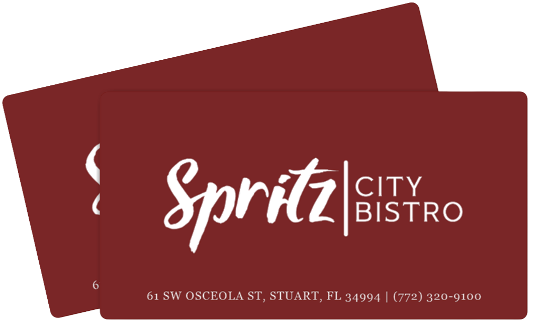 Two overlapping maroon business cards for Spritz City Bistro showing the address 61 SW Osceola St, Stuart, FL 34994 and phone number (772) 320-9100.